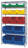WR6-13-MIXMD Bin Wire Shelving System, 42"W x 18"D x 74"H, 800 lbs load capacity per shelf, includes: (6) shelves, (4) QMS543 blue, (3) QMS533 red, (3) QMS532 yellow and (3) QMS531 green bins, chrome plated finish, shipped KD
