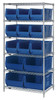 WR6-953954BL Bin Wire Shelving System, 36"W x 24"D x 74"H overall size, 800 lb. capacity per shelf, includes: (6) wire shelves, (4) posts, (9) QUS953 and (4) QUS954 blue bins, chrome plated finish