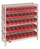 WR6-36-1236-101RD Bin Wire Shelving System, 36"W x 12"D x 36"H overall size, 800 lb. capacity per shelf, includes: (6) wire shelves, (4) posts, (40) QSB101 red bins, chrome plated finish