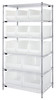 WR6-953954CL Bin Wire Shelving System, 36"W x 24"D x 74"H overall size, 800 lb. capacity per shelf, includes: (6) wire shelves, (4) posts, (9) QUS953 and (4) QUS954 clear bins, chrome plated finish
