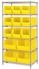 WR6-973974YL Bin Wire Shelving System, 36"W x 30"D x 74"H overall size, 800 lb. capacity per shelf, includes: (6) wire shelves, (4) posts, (9) QUS973 and (4) QUS974 yellow bins, chrome plated finish