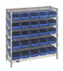 WR6-36-1236-102BL Bin Wire Shelving System, 36"W x 12"D x 36"H overall size, 800 lb. capacity per shelf, includes: (6) wire shelves, (4) posts, (25) QSB102 blue bins, chrome plated finish