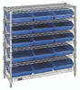 WR6-36-1236-109BL Bin Wire Shelving System, 36"W x 12"D x 36"H overall size, 800 lb. capacity per shelf, includes: (6) wire shelves, (4) posts, (15) QSB109 blue bins, chrome plated finish