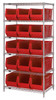 WR6-973RD Bin Wire Shelving System, 36"W x 30"D x 74"H overall size, 800 lb. capacity per shelf, includes: (6) wire shelves, (4) posts and (15) QUS973 red bins, chrome plated finish
