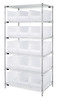 WR6-953CL Bin Wire Shelving System, 36"W x 24"D x 74"H overall size, 800 lb. capacity per shelf, includes: (6) wire shelves, (4) posts, and (15) QUS953 clear bins, chrome plated finish