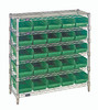 WR6-36-1236-102GN Bin Wire Shelving System, 36"W x 12"D x 36"H overall size, 800 lb. capacity per shelf, includes: (6) wire shelves, (4) posts, (25) QSB102 green bins, chrome plated finish