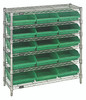 WR6-36-1236-109GN Bin Wire Shelving System, 36"W x 12"D x 36"H overall size, 800 lb. capacity per shelf, includes: (6) wire shelves, (4) posts, (15) QSB109 green bins, chrome plated finish