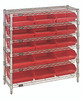 WR6-36-1236-109RD Bin Wire Shelving System, 36"W x 12"D x 36"H overall size, 800 lb. capacity per shelf, includes: (6) wire shelves, (4) posts, (15) QSB109 red bins, chrome plated finish