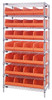 WR8-423OR Bin Wire Shelving System, 36"W x 12"D x 74"H, 800 lbs load capacity per shelf, includes: (8) shelves and (28) SSB423 orange bins, chrome plated finish, shipped KD
