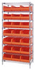 WR8-445OR Bin Wire Shelving System, 36"W x 14"D x 74"H, 800 lbs load capacity per shelf, includes: (8) shelves and (21) SSB445 orange bins, chrome plated finish, shipped KD