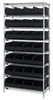 WR8-443BK Bin Wire Shelving System, 36"W x 14"D x 74"H, 800 lbs load capacity per shelf, includes: (8) shelves and (28) SSB443 black bins, chrome plated finish, shipped KD