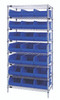 WR8-485BL Bin Wire Shelving System, 36"W x 21"D x 74"H, 800 lbs load capacity per shelf, includes: (8) shelves and (21) SSB485 blue bins, chrome plated finish, shipped KD