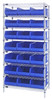 WR8-445BL Bin Wire Shelving System, 36"W x 14"D x 74"H, 800 lbs load capacity per shelf, includes: (8) shelves and (21) SSB445 blue bins, chrome plated finish, shipped KD