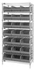 WR8-465GY Bin Wire Shelving System, 36"W x 18"D x 74"H, 800 lbs load capacity per shelf, includes: (8) shelves and (21) SSB465 gray bins, chrome plated finish, shipped KD