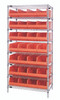 WR8-485OR Bin Wire Shelving System, 36"W x 21"D x 74"H, 800 lbs load capacity per shelf, includes: (8) shelves and (21) SSB485 orange bins, chrome plated finish, shipped KD