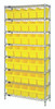 WR8-802YL Bin Wire Shelving System, 36"W x 12"D x 74"H overall size, 800 lb. capacity per shelf, includes: (8) wire shelves, (4) posts, and (35) QSB802 yellow bins, chrome plated finish