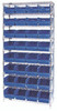 WR9-207BL Bin Wire Shelving System, 36"W x 12"D x 74"H overall size, 800 lb. capacity per shelf, includes: (9) wire shelves, (4) posts, and (32) QSB207 blue bins, chrome plated finish