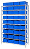 WR9-92060BL Bin Wire Shelving System, 48"W x 18"D x 74"H overall size, 800 lb. capacity per shelf, includes: (9) wire shelves, (4) posts, and (36) DG92060 blue containers, chrome plated finish
