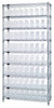 WR9-203CL Bin Wire Shelving System, 36"W x 18"D x 74"H overall size, 800 lb. capacity per shelf, includes: (9) wire shelves, (4) posts, and (64) QSB203 clear bins, chrome plated finish