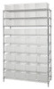 WR9-92060CL Bin Wire Shelving System, 48"W x 18"D x 74"H overall size, 800 lb. capacity per shelf, includes: (9) wire shelves, (4) posts, and (36) DG92060 clear containers, chrome plated finish