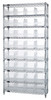 WR9-208CL Bin Wire Shelving System, 36"W x 18"D x 74"H overall size, 800 lb. capacity per shelf, includes: (9) wire shelves, (4) posts, and (32) QSB208 clear bins, chrome plated finish
