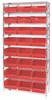 WR9-216RD Bin Wire Shelving System, 36"W x 24"D x 74"H overall size, 800 lb. capacity per shelf, includes: (9) wire shelves, (4) posts, and (24) QSB216 red bins, chrome plated finish