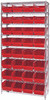 WR9-208RD Bin Wire Shelving System, 36"W x 18"D x 74"H overall size, 800 lb. capacity per shelf, includes: (9) wire shelves, (4) posts, and (32) QSB208 red bins, chrome plated finish