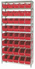 WR9-204RD Bin Wire Shelving System, 36"W x 18"D x 74"H overall size, 800 lb. capacity per shelf, includes: (9) wire shelves, (4) posts, and (40) QSB204 red bins, chrome plated finish