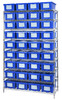 WR9-36180BL Bin Wire Shelving System, 48"W x 18"D x 74"H overall size, 800 lb. capacity per shelf, includes: (9) wire shelves, (4) posts, and (36) SNT180 blue containers, chrome plated finish