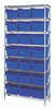WR8-809BL Bin Wire Shelving System, 36"W x 12"D x 74"H overall size, 800 lb. capacity per shelf, includes: (8) wire shelves, (4) posts, and (21) QSB809 blue bins, chrome plated finish