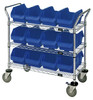 WRC3-1836-1285BL Utility Cart, 36"W x 18"D x 37-1/2"H, includes: (3) wire shelves, (12) 12-1/2"W x 8-3/8"D x 5"H (QP1285) blue bins and (2) swivel casters, (2) with brake, chrome plated finish, shipped KD