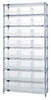 WR9-209CL Bin Wire Shelving System, 36"W x 12"D x 74"H overall size, 800 lb. capacity per shelf, includes: (9) wire shelves, (4) posts, and (24) QSB209 clear bins, chrome plated finish