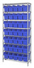 WR8-802BL Bin Wire Shelving System, 36"W x 12"D x 74"H overall size, 800 lb. capacity per shelf, includes: (8) wire shelves, (4) posts, and (35) QSB802 blue bins, chrome plated finish