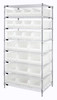 WR8-950952CL Bin Wire Shelving System, 36"W x 24"D x 74"H overall size, 800 lb. capacity per shelf, includes: (8) wire shelves, (4) posts, (12) QUS950 and (12) QUS952 clear bins, chrome plated finish