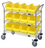WRC3-1836-1285YL Utility Cart, 36"W x 18"D x 37-1/2"H, includes: (3) wire shelves, (12) 12-1/2"W x 8-3/8"D x 5"H (QP1285) yellow bins and (2) swivel casters, (2) with brake, chrome plated finish, shipped KD