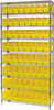 WR9-201YL Bin Wire Shelving System, 36"W x 12"D x 74"H overall size, 800 lb. capacity per shelf, includes: (9) wire shelves, (4) posts, and (64) QSB201 yellow bins, chrome plated finish