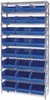 WR9-210BL Bin Wire Shelving System, 36"W x 18"D x 74"H overall size, 800 lb. capacity per shelf, includes: (9) wire shelves, (4) posts, and (24) QSB210 blue bins, chrome plated finish