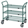 WRC-2442P-3 Utility Cart, 42"W x 24"D x 37-1/2"H, (3) wire shelves, 1200 lb. capacity, (2) "U" shaped handles, open base, donut bumpers, (4) 5" polyurethane swivel casters (2 with brakes), green epoxy antimicrobial finish, NSF