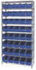 WR9-202BL Bin Wire Shelving System, 36"W x 12"D x 74"H overall size, 800 lb. capacity per shelf, includes: (9) wire shelves, (4) posts, and (40) QSB202 blue bins, chrome plated finish