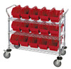 WRC3-1836-1867RD Utility Cart, 36"W x 18"D x 37-1/2"H, includes: (3) wire shelves, (15) 18-1/2"W x 6-5/8"D x 7"H (QP1867) red bins and (2) swivel casters, (2) with brake, chrome plated finish, shipped KD