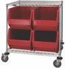 WRC2-36-3036-976RD Bin Systems Unit, stationary, (2) wire shelves, (4) posts, (4) 29"L x 16"W x 15"H bins (QUS976), (4) 5" poyurethane swivel casters (2 with brakes), bins are red and autoclavable up to 250°, cart finish: chrome