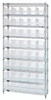 WR9-202CL Bin Wire Shelving System, 36"W x 12"D x 74"H overall size, 800 lb. capacity per shelf, includes: (9) wire shelves, (4) posts, and (40) QSB202 clear bins, chrome plated finish