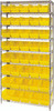 WR9-206YL Bin Wire Shelving System, 36"W x 24"D x 74"H overall size, 800 lb. capacity per shelf, includes: (9) wire shelves, (4) posts, and (40) QSB206 yellow bins, chrome plated finish