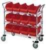 WRC3-1836-1887RD Utility Cart, 36"W x 18"D x 37-1/2"H, includes: (3) wire shelves, (12) 18-1/2"W x 8-3/8"D x 7"H (QP1887) red bins and (2) swivel casters, (2) with brake, chrome plated finish, shipped KD