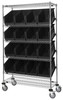 WRCSL6-74-1848-260BK Slanted Shelf Cart, 48"W x 18"D x 80"H, 1200 lbs load capacity, includes: (2) flat and (4) slanted shelves, and (16) QUS260 black bins, chrome plated finish, shipped KD