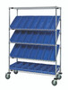 WRCSL5-63-2448-106BL Slanted Shelf Cart, 48"W x 24"D x 69"H, 1200 lbs load capacity, includes: (2) flat and (3) slanted shelves, and (28) QSB106 blue bins, chrome plated finish, shipped KD