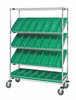 WRCSL5-63-1848-104GN Slanted Shelf Cart, 48"W x 18"D x 69"H, 1200 lbs load capacity, includes: (2) flat and (3) slanted shelves, and (28) QSB104 green bins, chrome plated finish, shipped KD