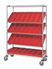 WRCSL5-63-2448-106RD Slanted Shelf Cart, 48"W x 24"D x 69"H, 1200 lbs load capacity, includes: (2) flat and (3) slanted shelves, and (28) QSB106 red bins, chrome plated finish, shipped KD