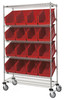WRCSL6-74-2448-953RD Slanted Shelf Cart, 48"W x 24"D x 80"H, 1200 lbs load capacity, includes: (2) flat and (4) slanted shelves, and (16) QUS953 red bins, chrome plated finish, shipped KD