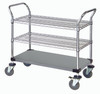 WRSC-1848SS-3S Utility Cart, 48"W x 18"D x 37-1/2"H, (2) wire shelves, (1) solid shelf, 1200 lb. capacity, (2) "U" shaped handles, open base, donut bumpers, (4) 5" polyurethane swivel casters (2 with brakes), 304 stainless steel, NSF